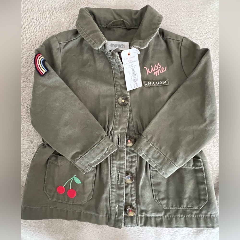 Gymboree Girls army green utility jacket, size 6-12 months